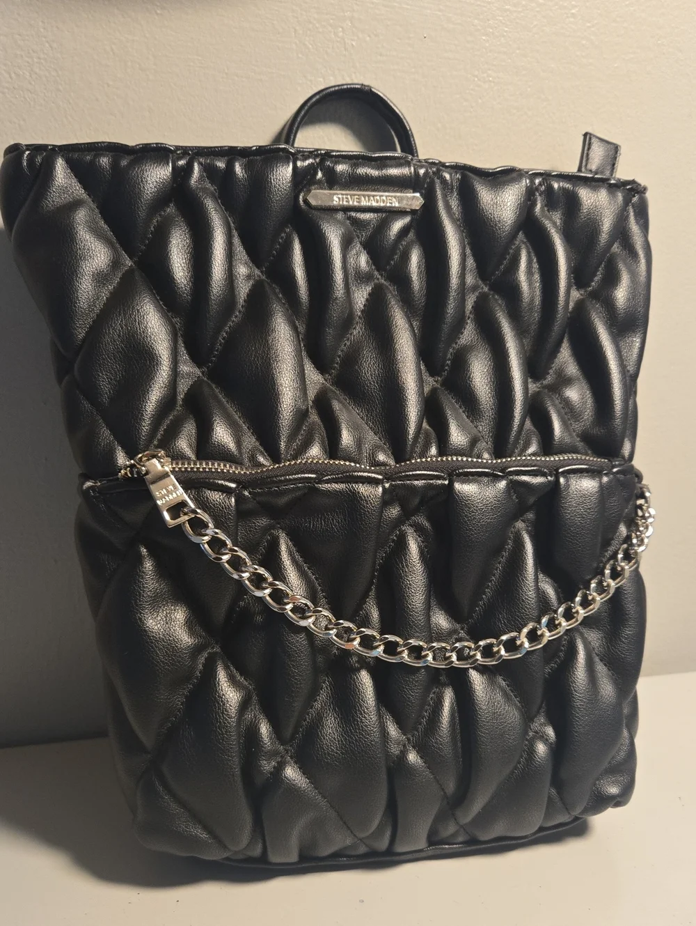 Steve Madden Black Quilted Backpack Chain-Accent Tote